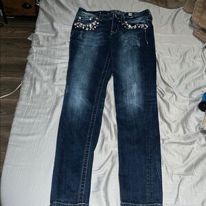 Miss Me Dark Indigo Straight Leg Jeans with Crystal Pocket Accents